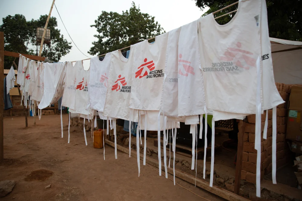 MSF staff vests hang out to dry at the site of the emergency measles vaccination team in Baboua.