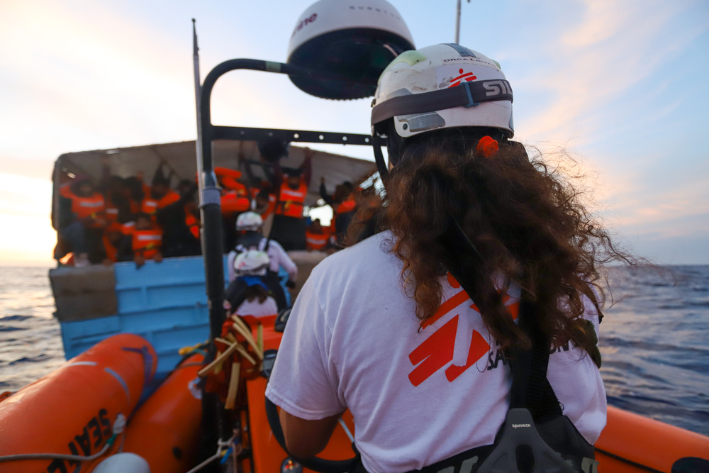 MSF Staff on raft in Mediterranean