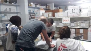 MSF staff prepare a medical supplies donation for the Ministry of Health in Gaza.