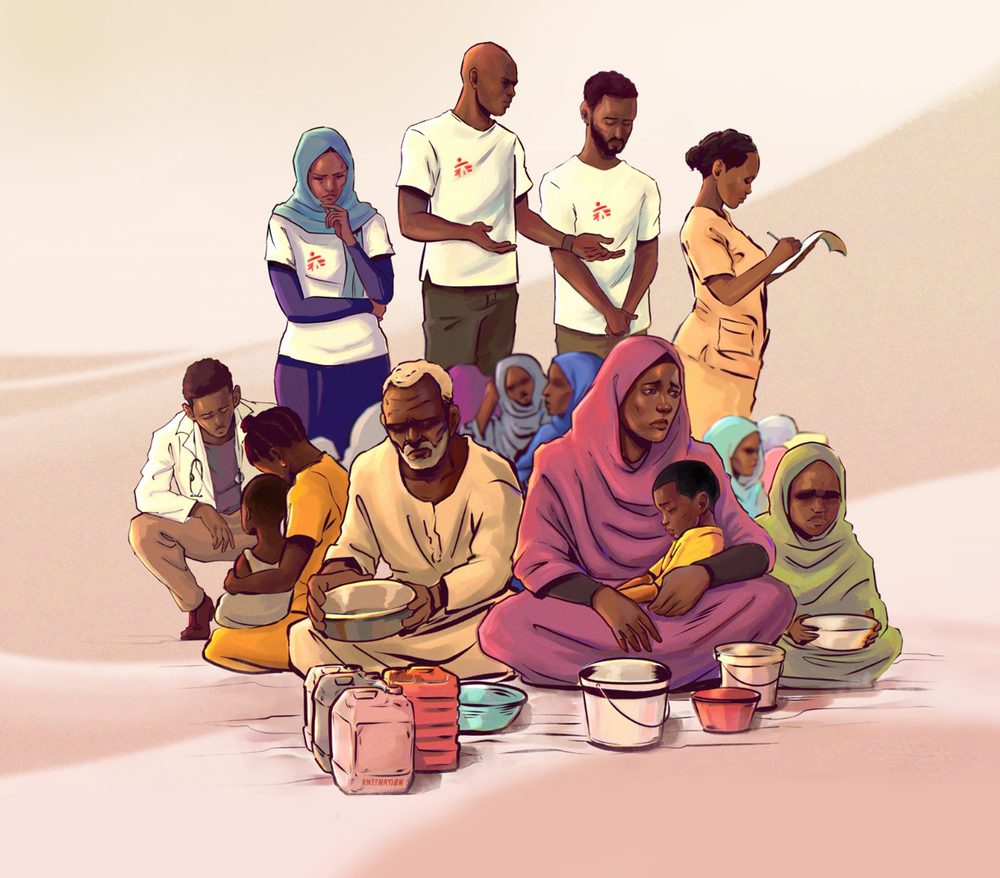 Illustration d’une famille soudanaise, des jeunes aux personnes âgées, assises au sol. Cinq membres du personnel de MSF se tiennent derrière elle. L’un d’eux est accroupi à gauche et aide une jeune mère avec son enfant. Devant la famille se trouvent des objets typiques des personnes qui ont fui leur maison : des récipients d’eau, des casseroles et des bols.