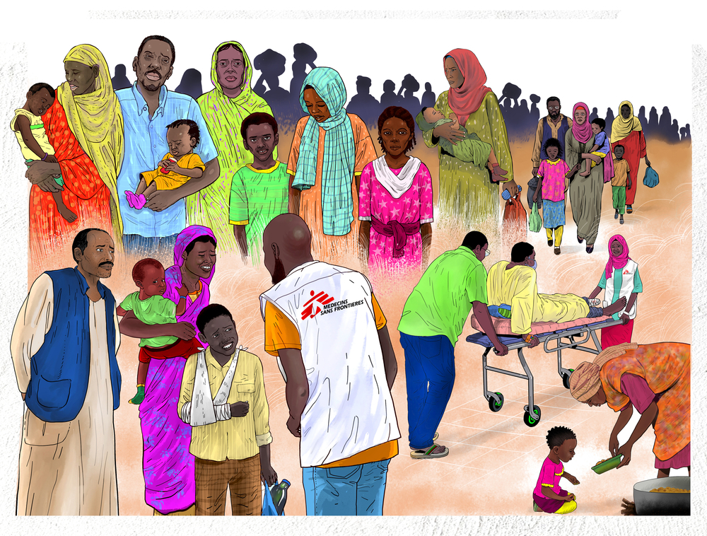 Illustration de différentes scènes au Soudan où de nombreuses personnes déplacées reçoivent une assistance de la part de MSF. En haut à gauche, une famille est regroupée. En bas à gauche, une autre famille, dont un garçon au bras plâtré, échange avec un membre du personnel de MSF. À droite, une personne est transportée sur une civière. En bas à droite, une femme se penche pour aider un bébé au sol. À l’arrière-plan, de nombreuses personnes avancent dans la même direction. 