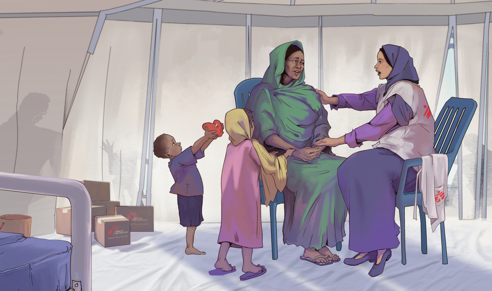 Illustration de deux femmes qui échangent à l’intérieur d’une tente. Elles sont assises sur des chaises. La femme à droite est une membre du personnel de MSF et l’autre est une mère avec ses deux enfants à gauche. 